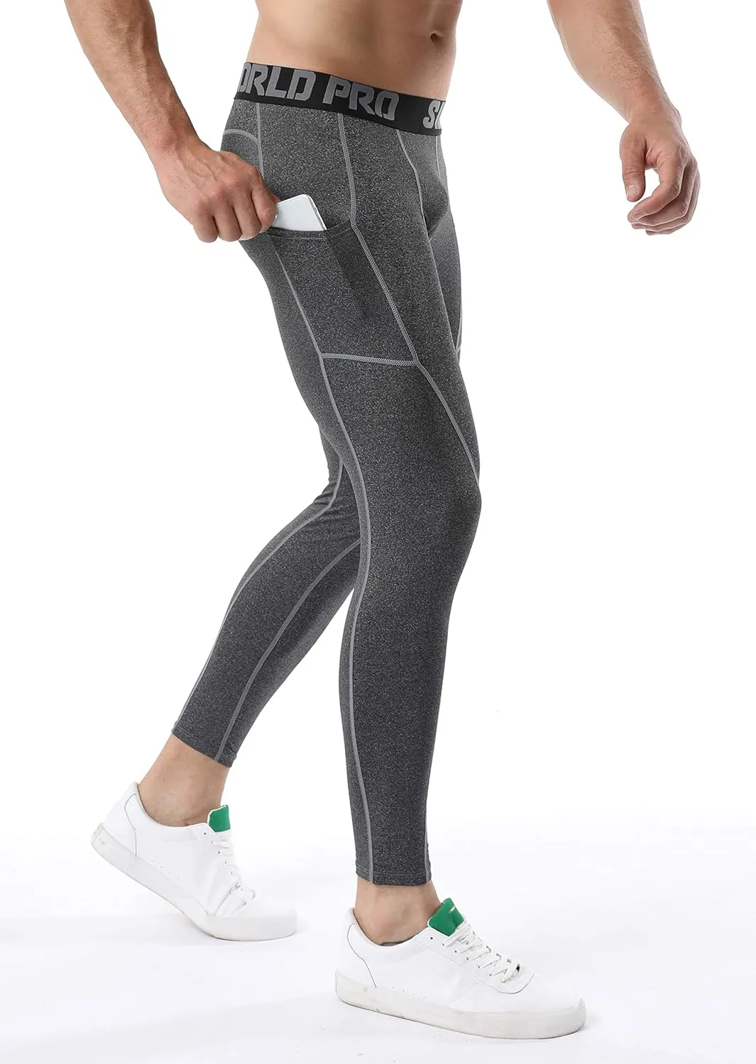 SILKWORLD Men's 1~3 Pack Compression Pants Pockets Cool Dry Gym Leggings Baselayer Running Tights