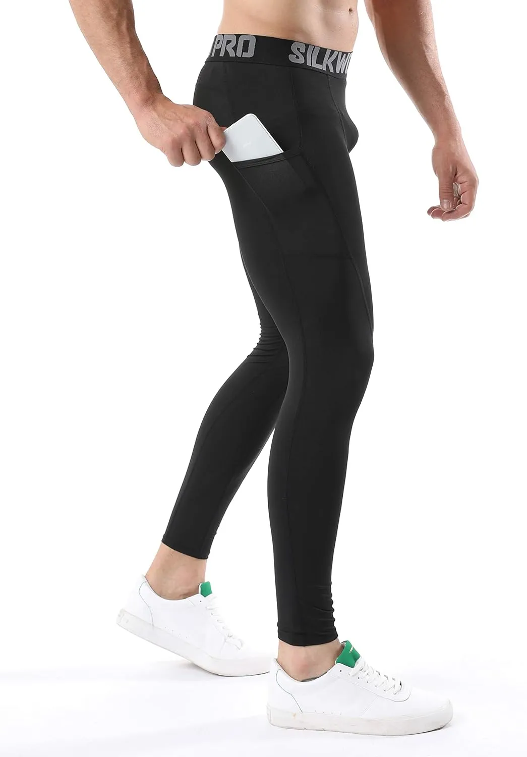 SILKWORLD Men's 1~3 Pack Compression Pants Pockets Cool Dry Gym Leggings Baselayer Running Tights