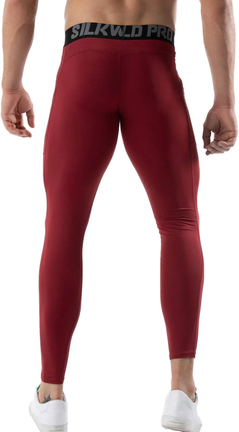 SILKWORLD Men's 1~3 Pack Compression Pants Pockets Cool Dry Gym Leggings Baselayer Running Tights