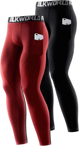 SILKWORLD Men's 1~3 Pack Compression Pants Pockets Cool Dry Gym Leggings Baselayer Running Tights