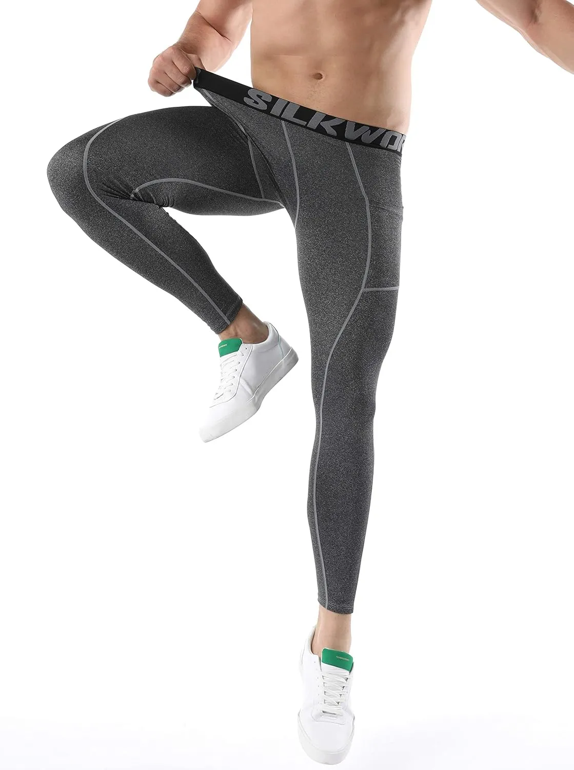 SILKWORLD Men's 1~3 Pack Compression Pants Pockets Cool Dry Gym Leggings Baselayer Running Tights