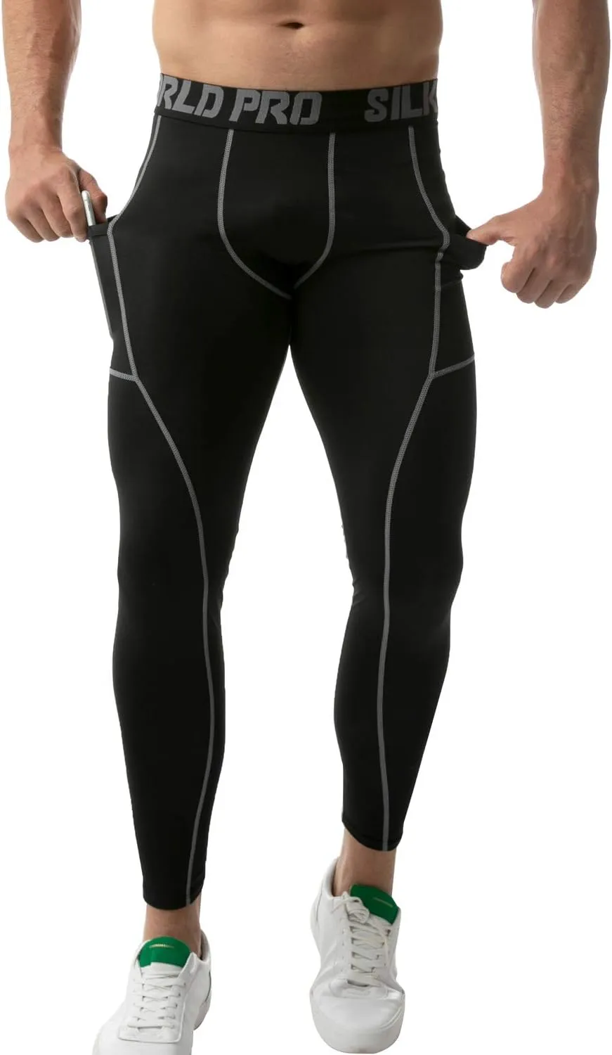 SILKWORLD Men's 1~3 Pack Compression Pants Pockets Cool Dry Gym Leggings Baselayer Running Tights