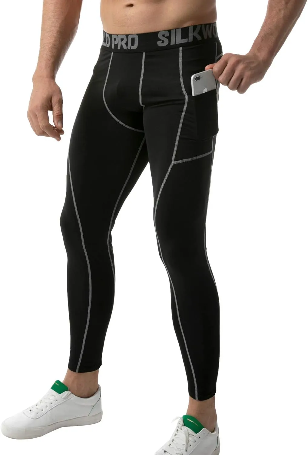 SILKWORLD Men's 1~3 Pack Compression Pants Pockets Cool Dry Gym Leggings Baselayer Running Tights