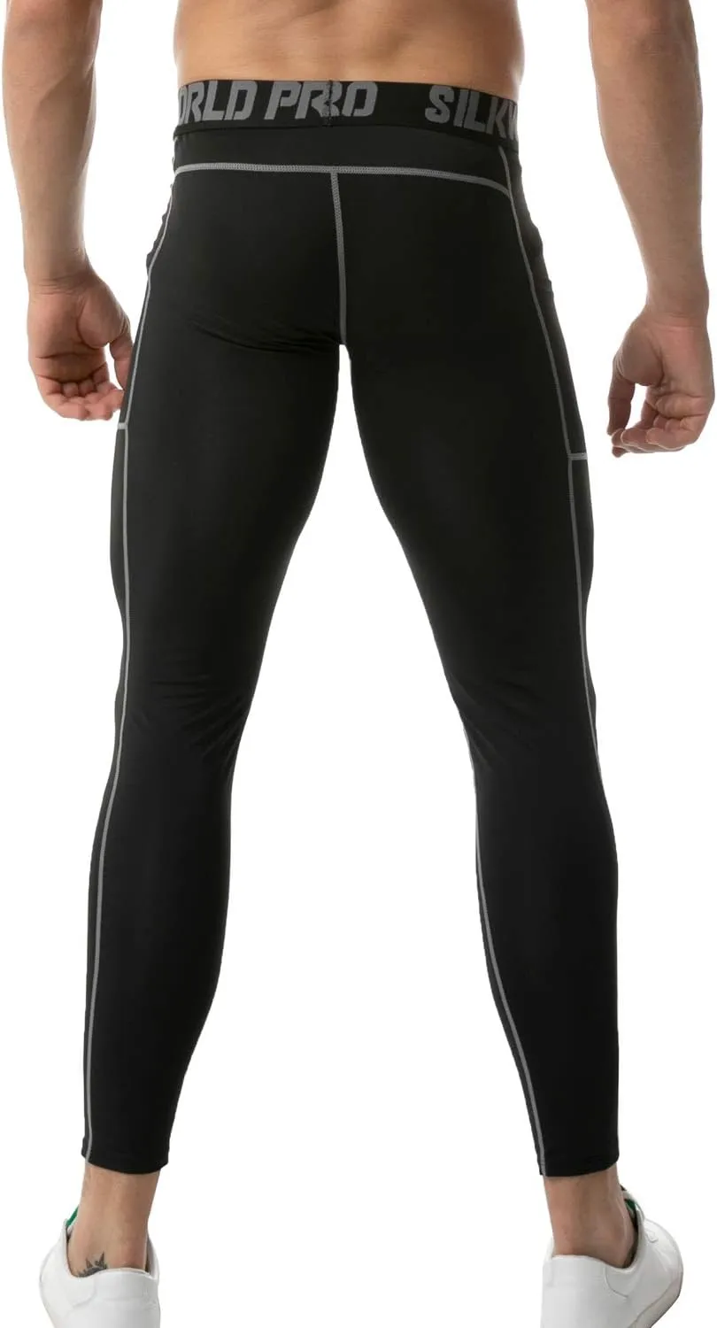SILKWORLD Men's 1~3 Pack Compression Pants Pockets Cool Dry Gym Leggings Baselayer Running Tights