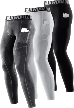 SILKWORLD Men's 1~3 Pack Compression Pants Pockets Cool Dry Gym Leggings Baselayer Running Tights