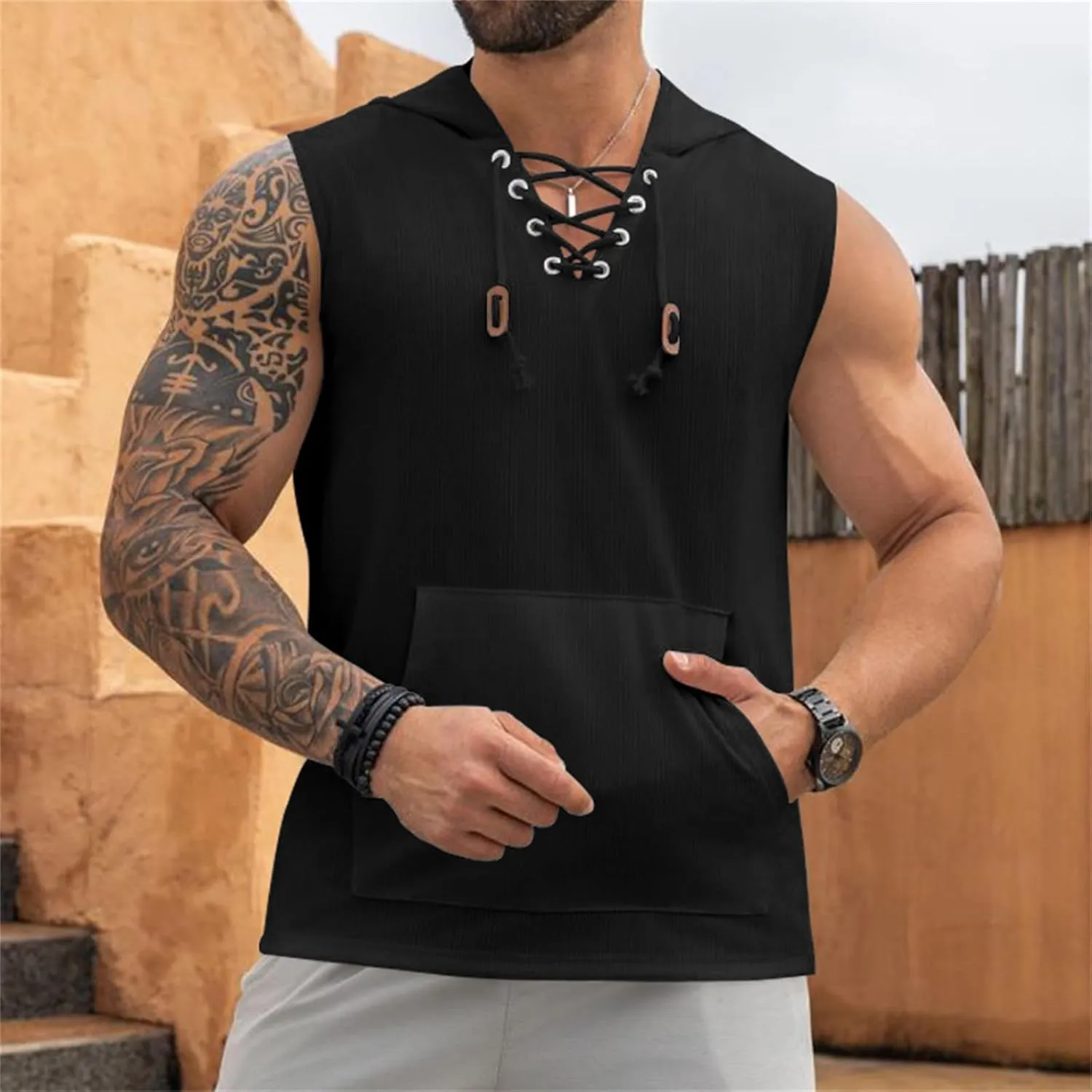 Sleeveless Hoodies for Men Lace Up V Neck Tank Tops with Hood Solid Fitness Muscle Shirts Summer Bodybuilding Gym Tee