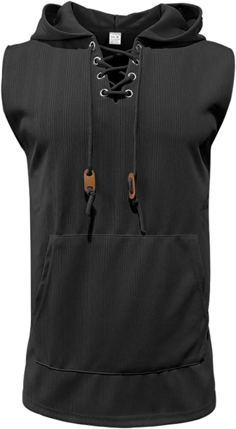 Sleeveless Hoodies for Men Lace Up V Neck Tank Tops with Hood Solid Fitness Muscle Shirts Summer Bodybuilding Gym Tee