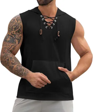 Sleeveless Hoodies for Men Lace Up V Neck Tank Tops with Hood Solid Fitness Muscle Shirts Summer Bodybuilding Gym Tee