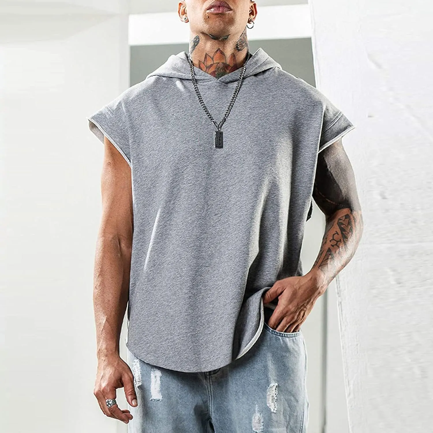 Sleeveless Hoodies for Men Tank Tops with Hood Summer Solid Color Muscle Shirt Hooded Athletic Gym Running Undershirt