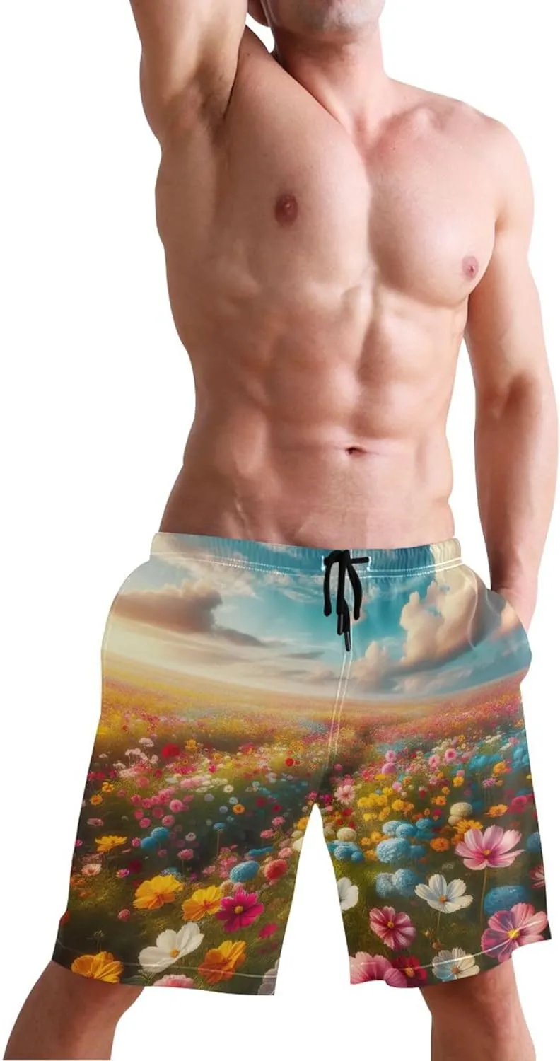 Spring Flowers Sea Landscape Beach Swimming Shorts Men's Swim Trunks Funny Hawaiian Swimwear Bathing Suits S