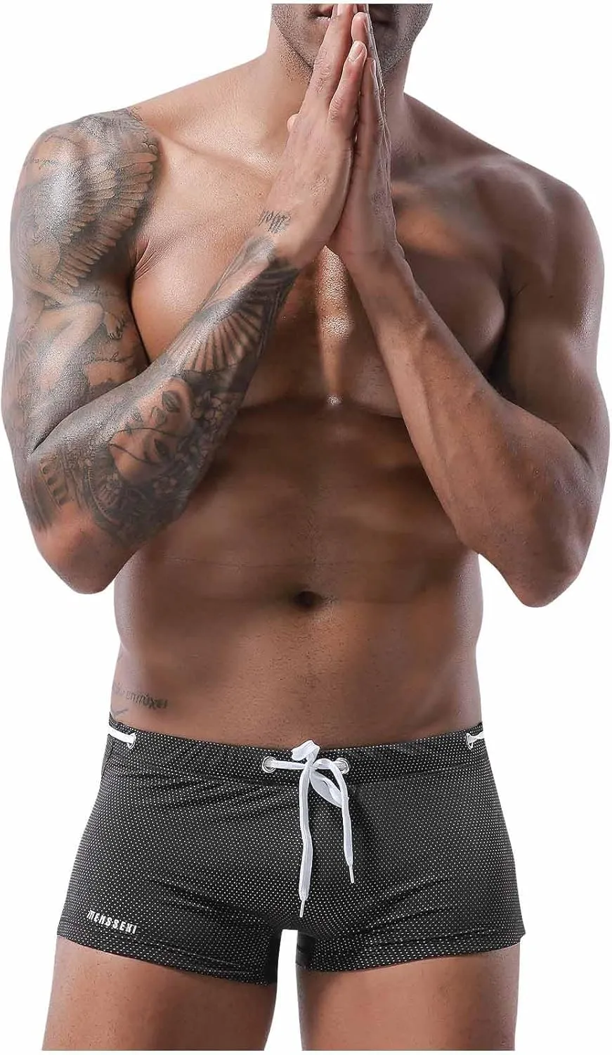 Square Cut Swimsuit Men Sexy Swim Briefs Beach Bikini Sport Swimwear Low Wasit Shorts Pants with Drawstring Beach