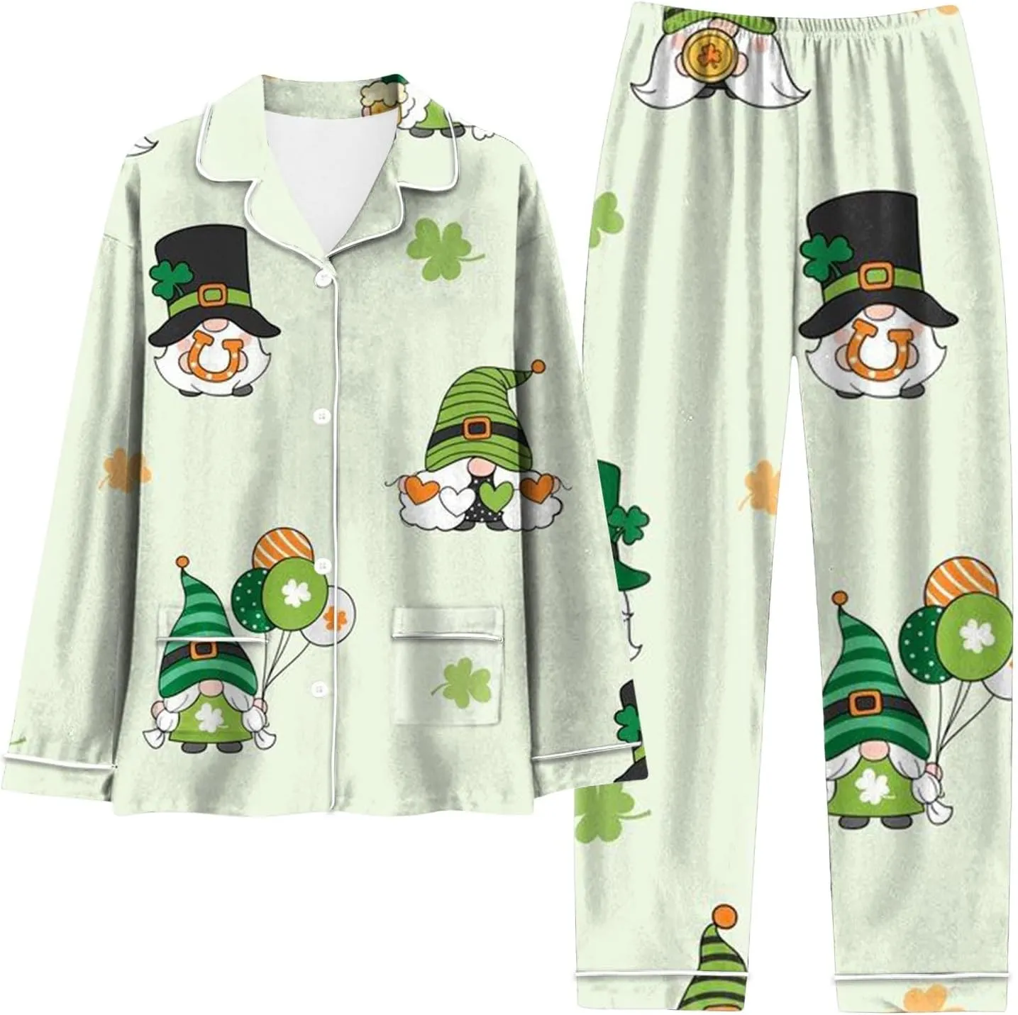 St. Patricks Day Pajamas Set for Women 2 Piece Shamrock Clover All Over Print Long Sleeve Top and Long Pants Lounge Sleepwear