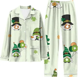 St. Patricks Day Pajamas Set for Women 2 Piece Shamrock Clover All Over Print Long Sleeve Top and Long Pants Lounge Sleepwear