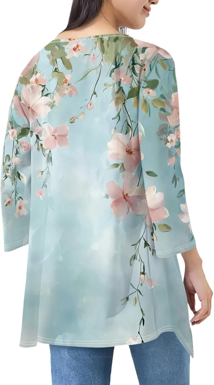Summer Cardigan for Women 3/4 Length Open Front Draped Cardigan Ruffle Kimono Cover Up Loose Floral Print with Pockets