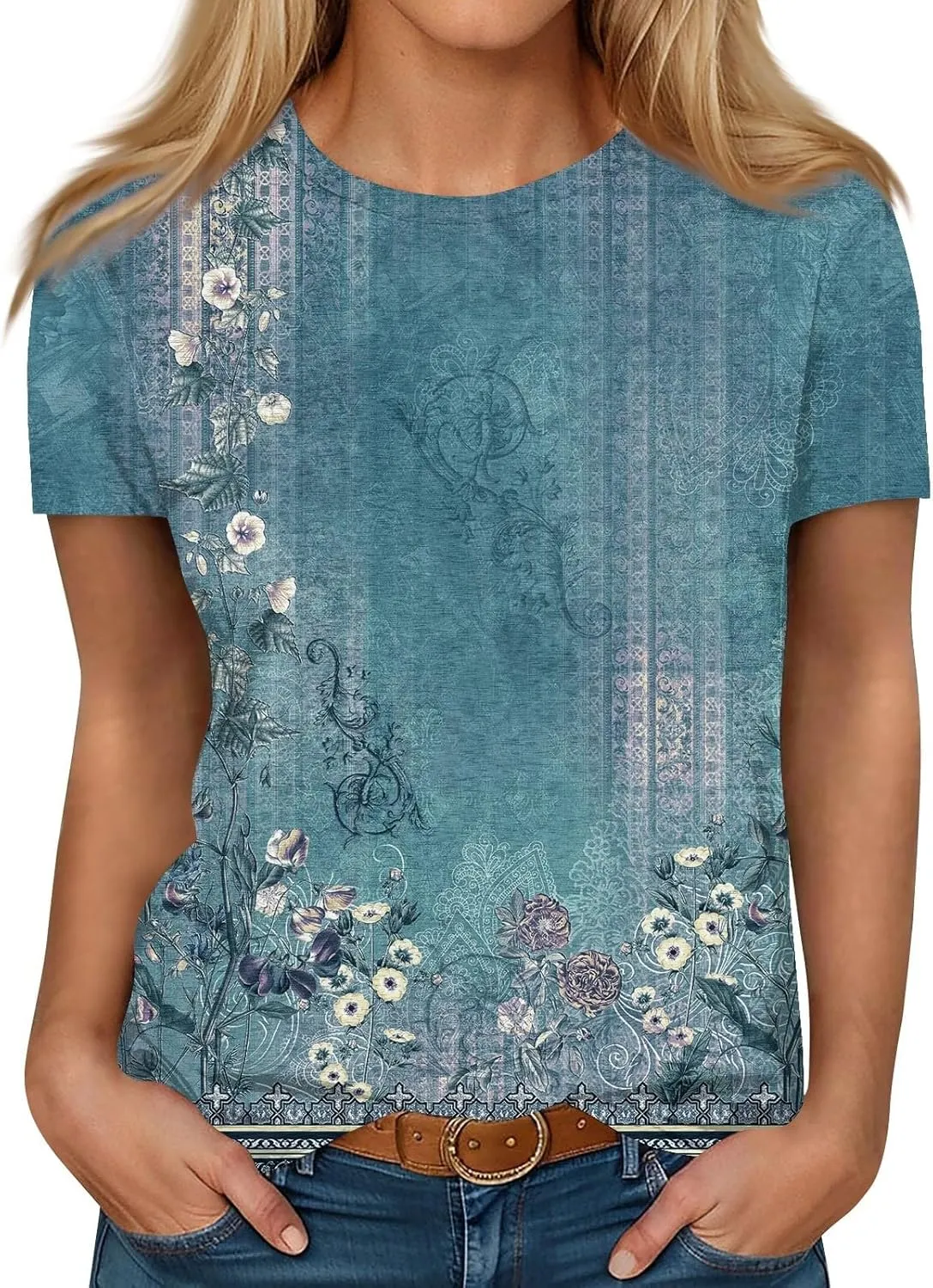 Summer Tops for Women 2025 Fashion Spring Short Sleeve Shirts Floral Print Crew Neck Plus Size Blouses Trendy Tshirts