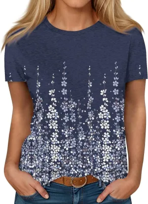 Summer Tops for Women 2025 Fashion Spring Short Sleeve Shirts Floral Print Crew Neck Plus Size Blouses Trendy Tshirts