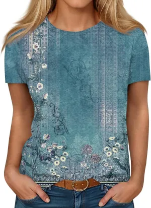 Summer Tops for Women 2025 Fashion Spring Short Sleeve Shirts Floral Print Crew Neck Plus Size Blouses Trendy Tshirts
