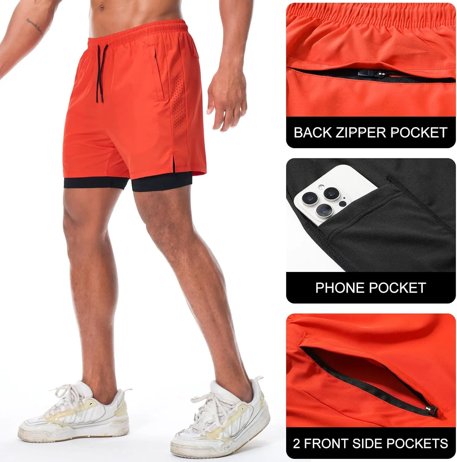 Suwangi Men's Athletic Running Shorts 2 in 1 Quick Dry Workout Athletic Shorts Gym Running Shorts for Men with Phone Pockets