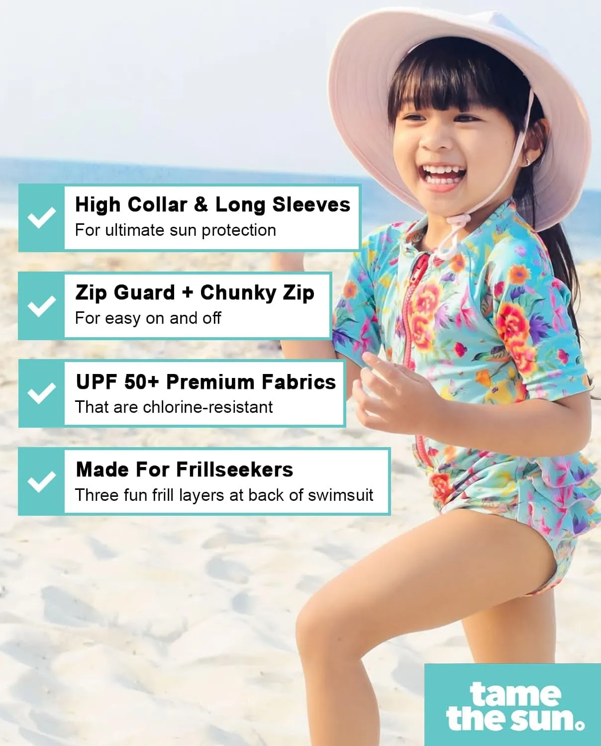 Tame the Sun Long Sleeve Girls' Swimsuit - Rash Guard with Frills, UPF 50  Zipper Swimwear - Bathing Suit for Ages 3-12