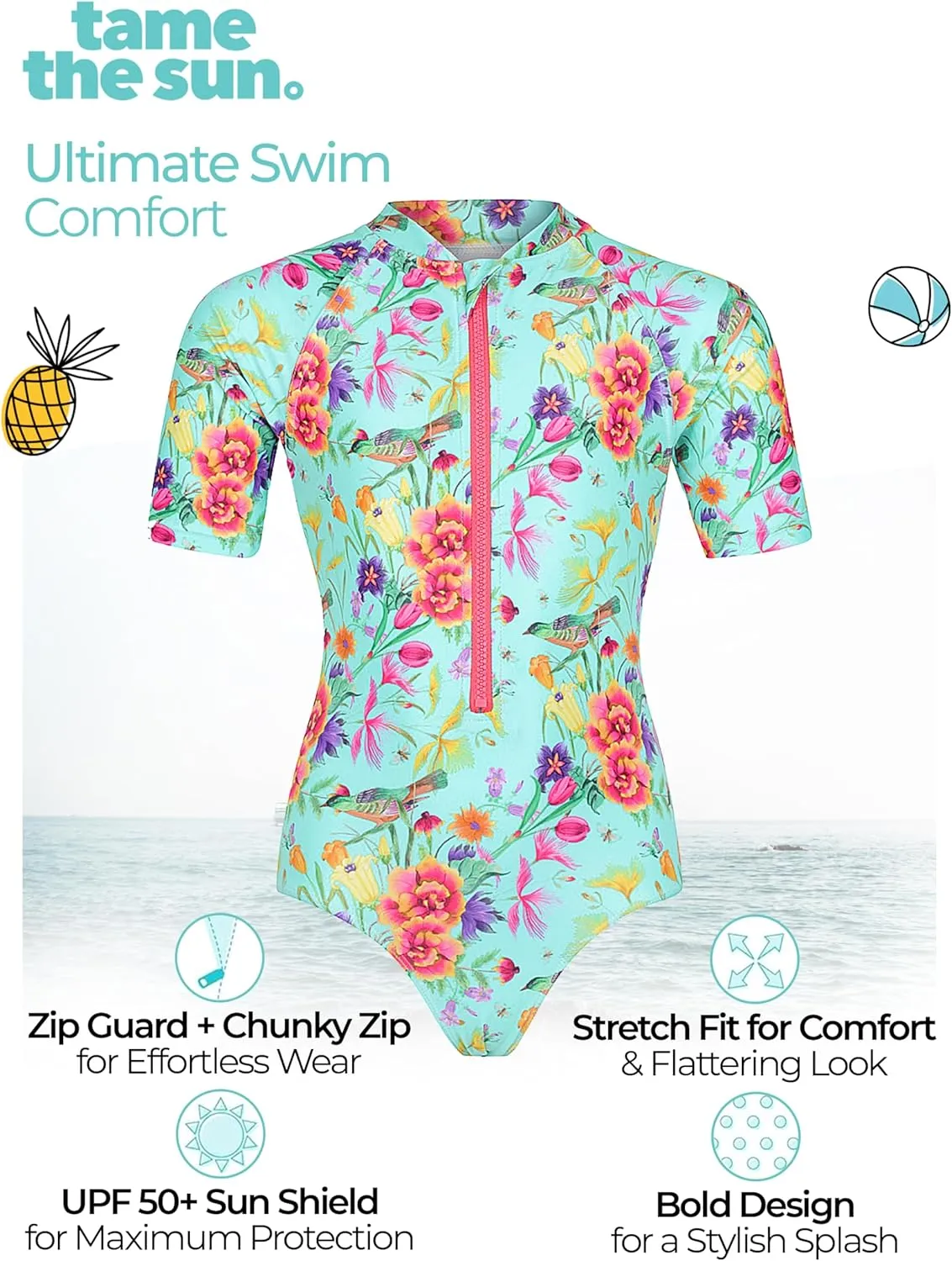 Tame the Sun Long Sleeve Girls' Swimsuit - Rash Guard with Frills, UPF 50  Zipper Swimwear - Bathing Suit for Ages 3-12