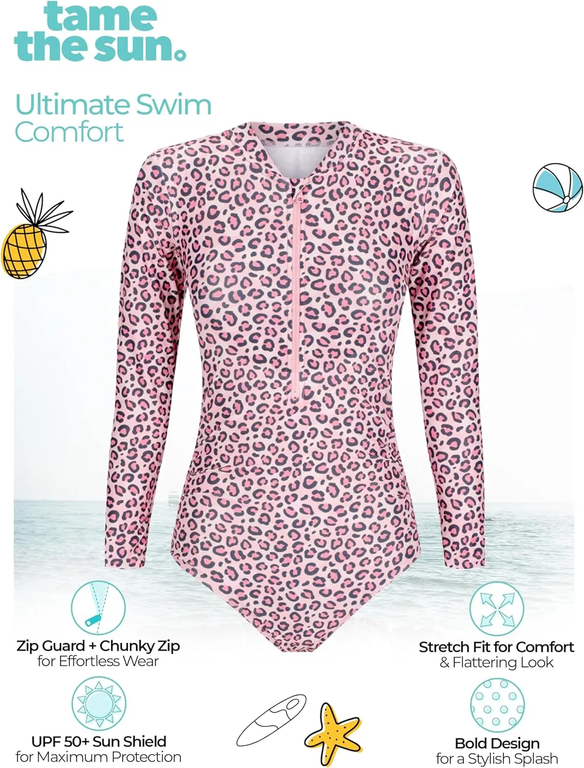 Tame the Sun Long Sleeve Swimsuits for Women - One Piece Tummy Control, UPF 50  Bathing Suit - Rash Guard, Zipper Swimwear