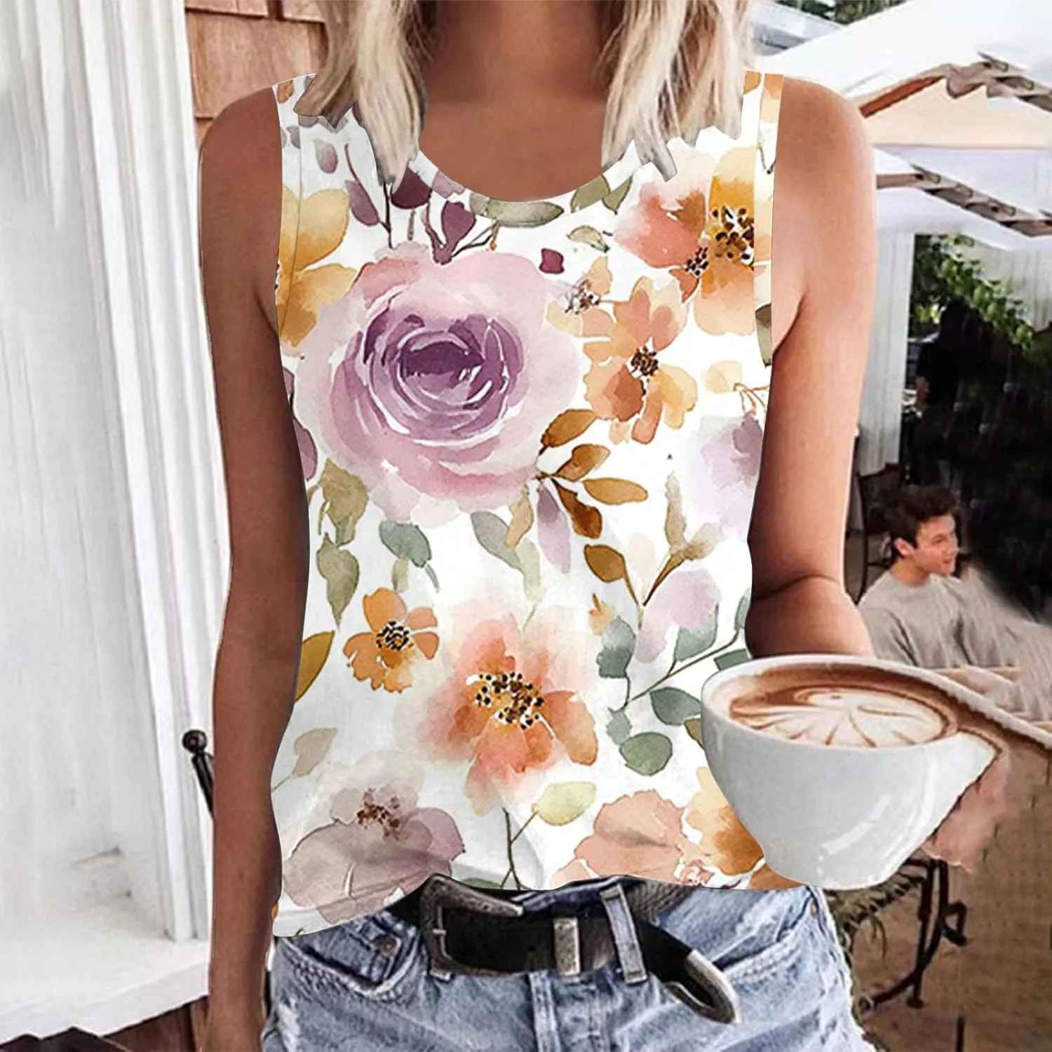 Tank Tops for Women Floral Print Sleeveless Crewneck Loose Fit Summer Tunic Tops Casual Vacation Beach Shirts
