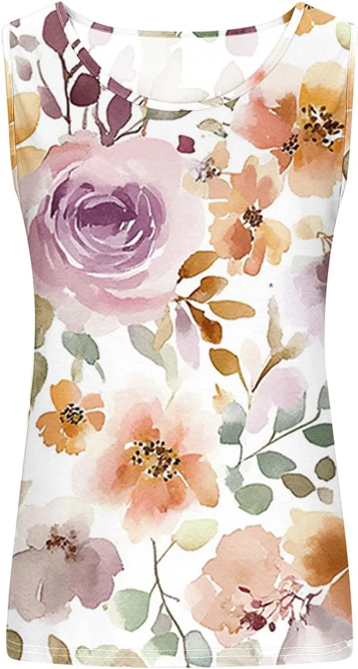 Tank Tops for Women Floral Print Sleeveless Crewneck Loose Fit Summer Tunic Tops Casual Vacation Beach Shirts