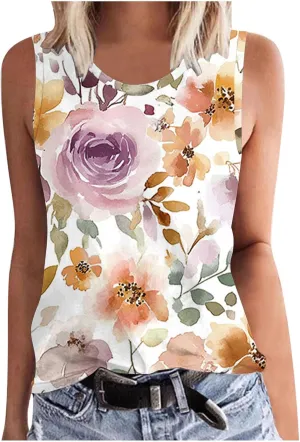 Tank Tops for Women Floral Print Sleeveless Crewneck Loose Fit Summer Tunic Tops Casual Vacation Beach Shirts