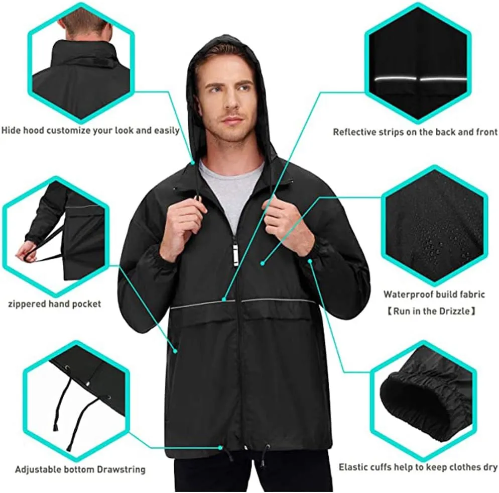 TIHEEN Men's Rain Jacket Cycling Running Jackets Waterproof Raincoat with Hood Windbreaker Hiking Jacket Rain Coat