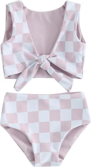 Toddler Baby Girl Two Piece Swimsuit Checkered Print Knotted Swim Top and Bottom Tankini Bikini Set Kid Bathing Suit