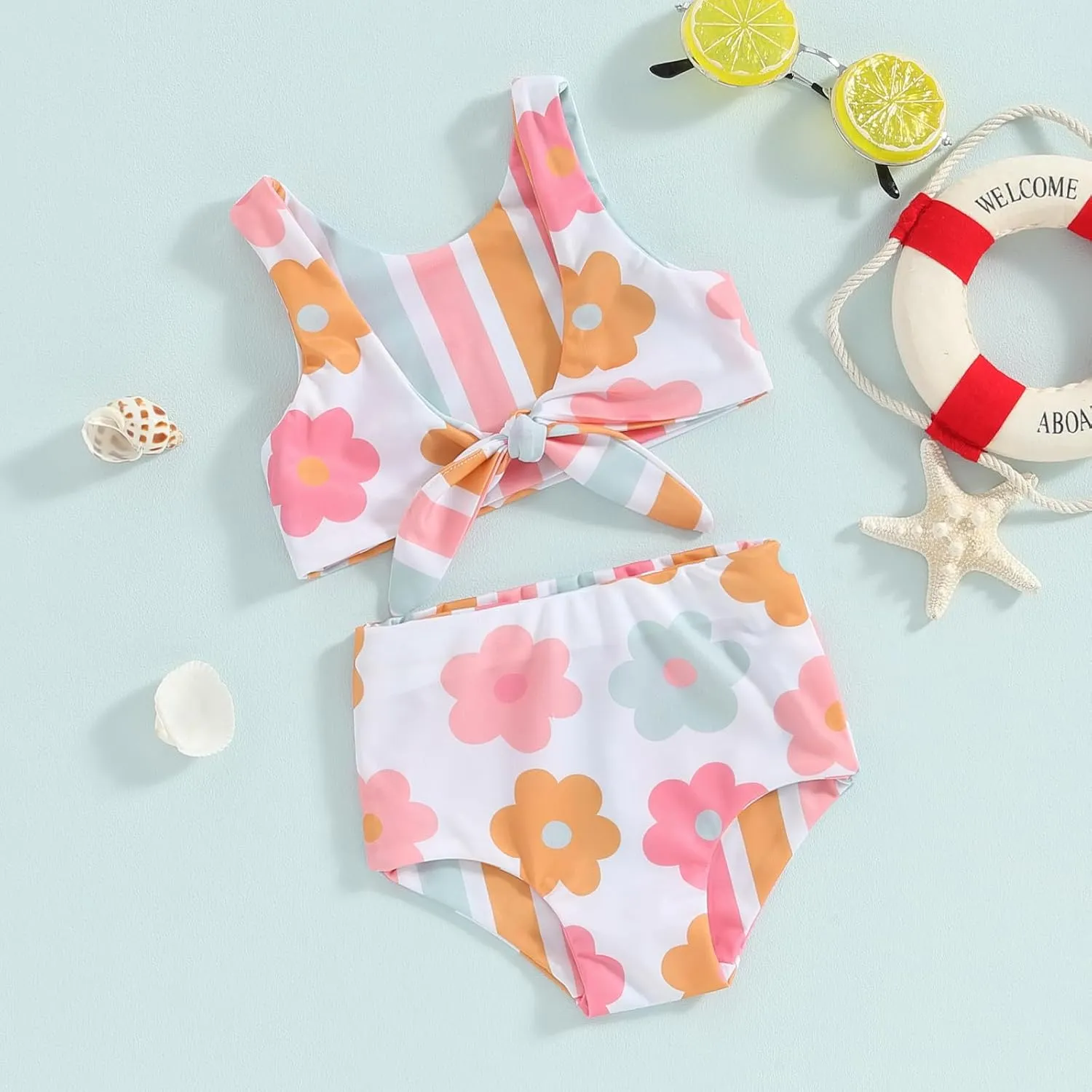 Toddler Baby Girl Two Piece Swimsuit Checkered Print Knotted Swim Top and Bottom Tankini Bikini Set Kid Bathing Suit