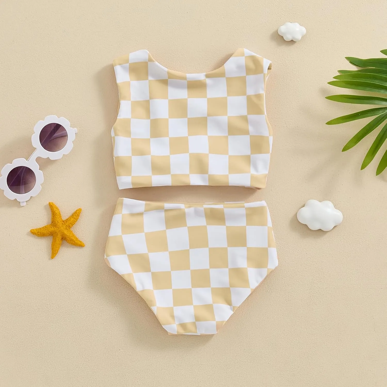 Toddler Baby Girl Two Piece Swimsuit Checkered Print Knotted Swim Top and Bottom Tankini Bikini Set Kid Bathing Suit