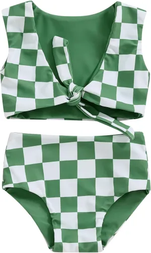 Toddler Baby Girl Two Piece Swimsuit Checkered Print Knotted Swim Top and Bottom Tankini Bikini Set Kid Bathing Suit