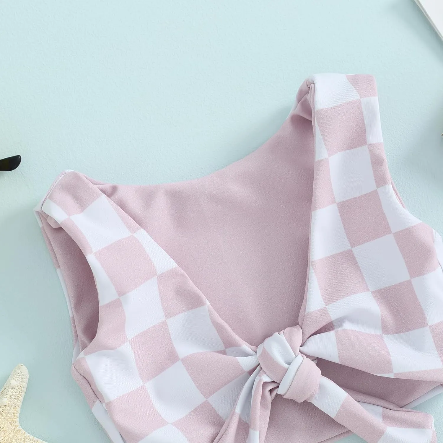 Toddler Baby Girl Two Piece Swimsuit Checkered Print Knotted Swim Top and Bottom Tankini Bikini Set Kid Bathing Suit