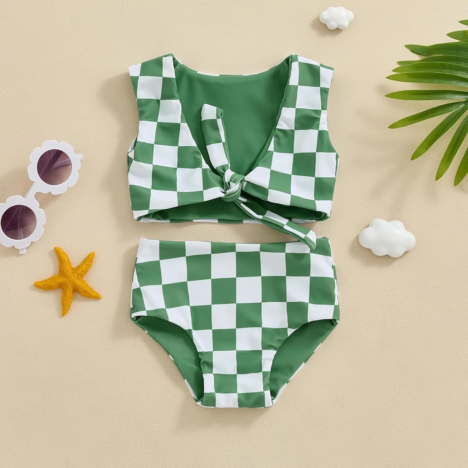 Toddler Baby Girl Two Piece Swimsuit Checkered Print Knotted Swim Top and Bottom Tankini Bikini Set Kid Bathing Suit