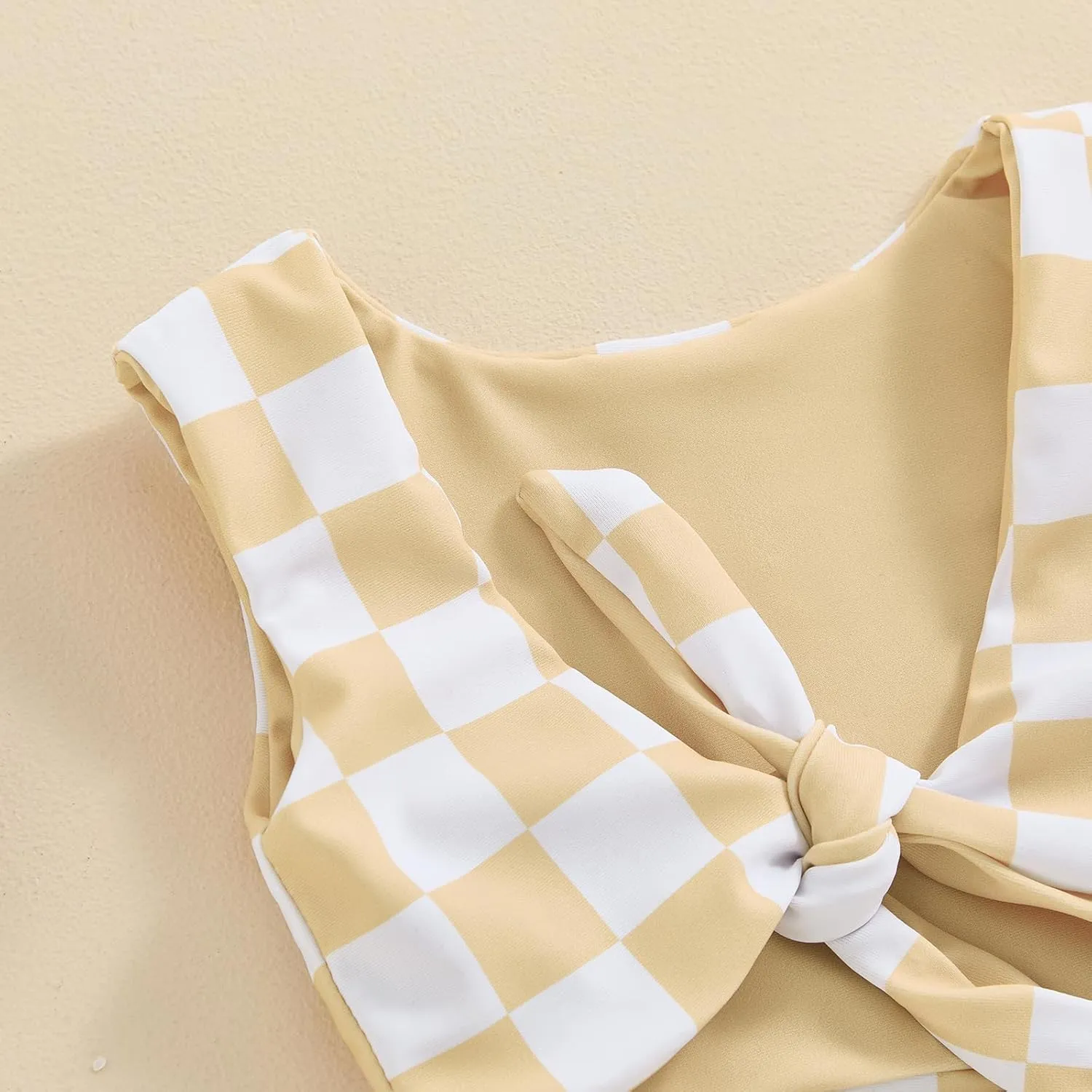Toddler Baby Girl Two Piece Swimsuit Checkered Print Knotted Swim Top and Bottom Tankini Bikini Set Kid Bathing Suit