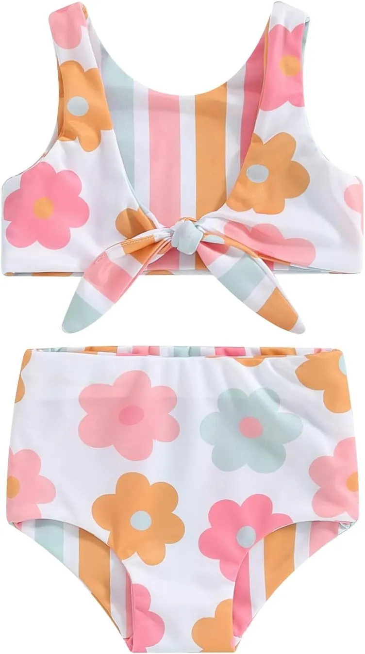 Toddler Baby Girl Two Piece Swimsuit Checkered Print Knotted Swim Top and Bottom Tankini Bikini Set Kid Bathing Suit