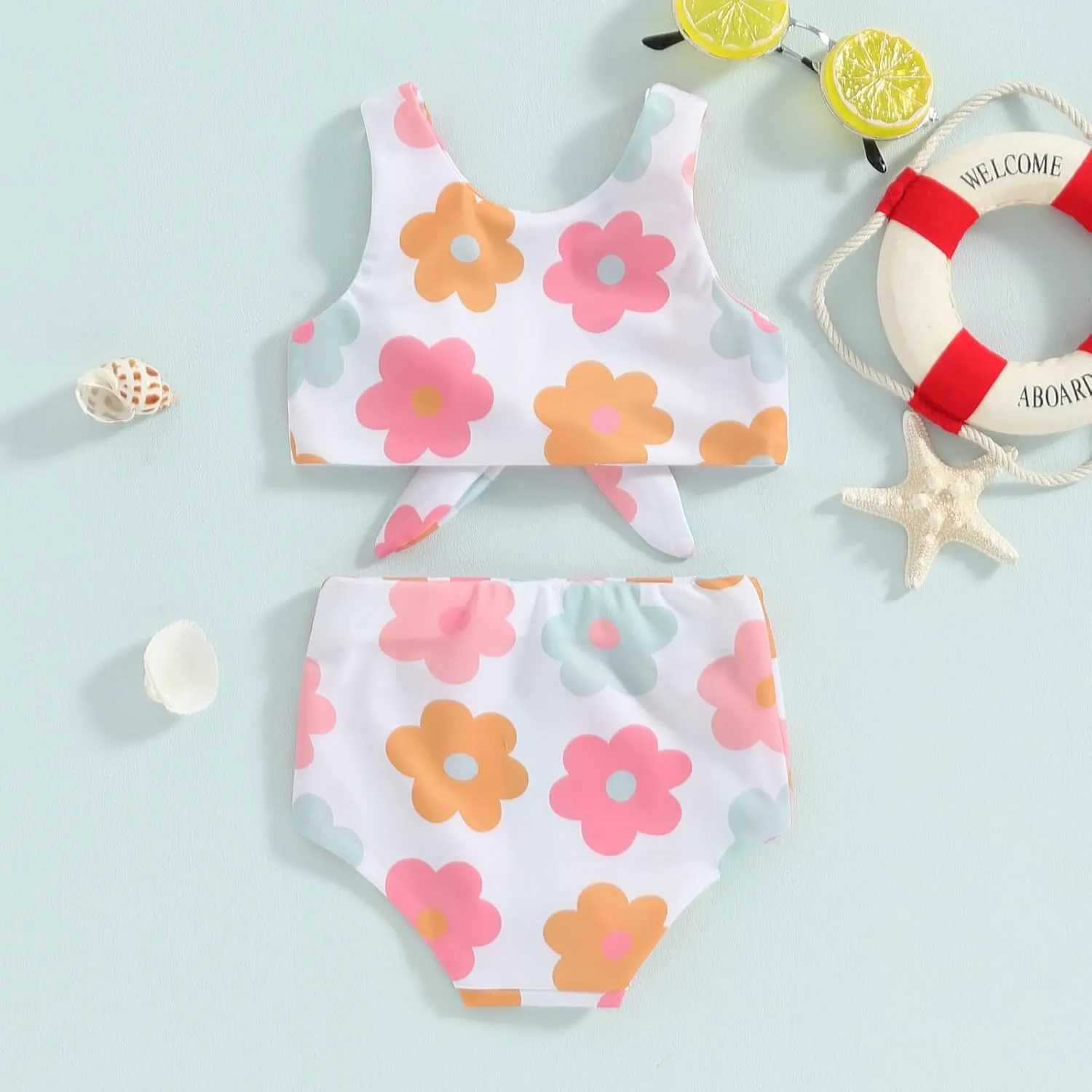 Toddler Baby Girl Two Piece Swimsuit Checkered Print Knotted Swim Top and Bottom Tankini Bikini Set Kid Bathing Suit