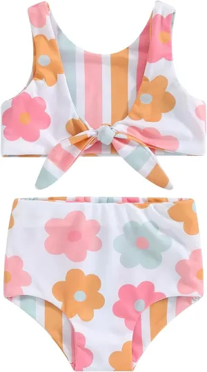 Toddler Baby Girl Two Piece Swimsuit Checkered Print Knotted Swim Top and Bottom Tankini Bikini Set Kid Bathing Suit