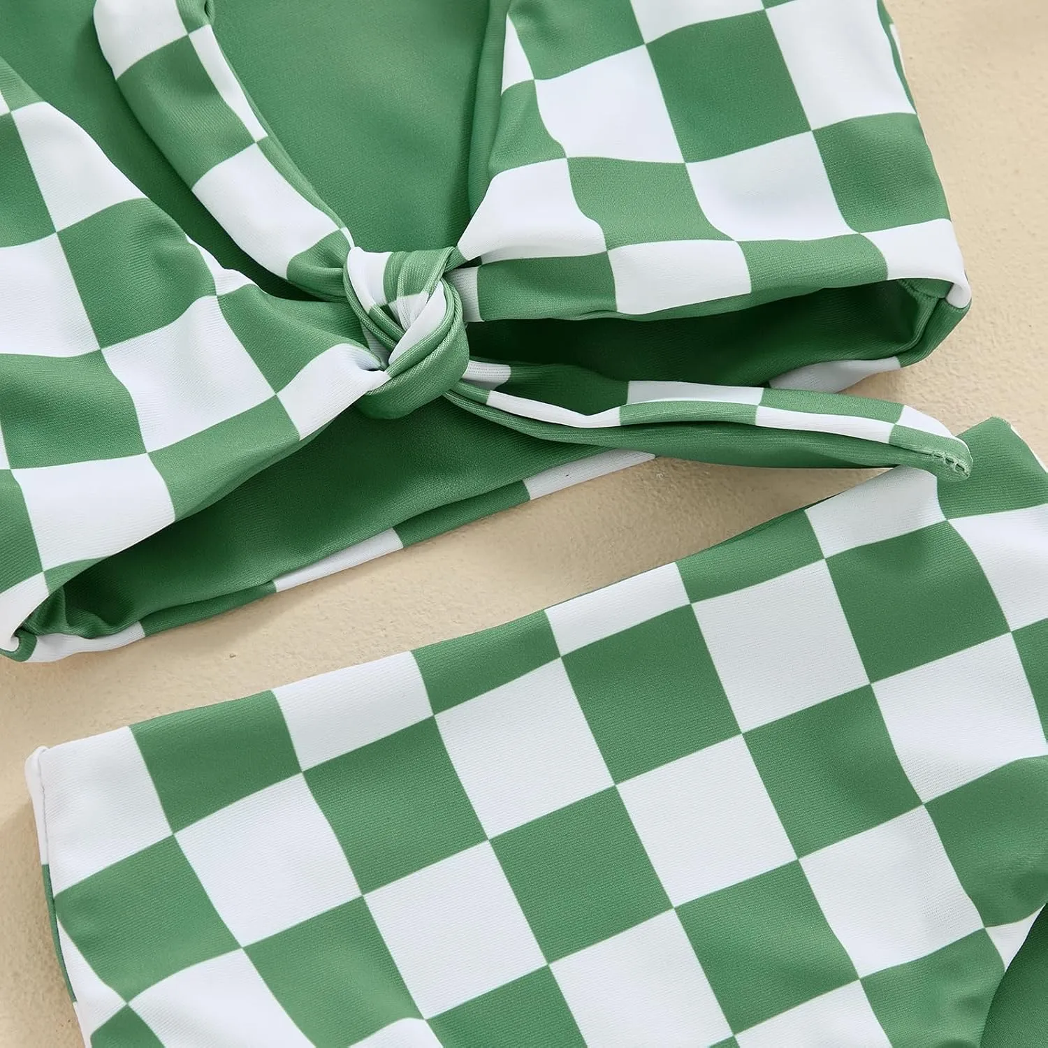 Toddler Baby Girl Two Piece Swimsuit Checkered Print Knotted Swim Top and Bottom Tankini Bikini Set Kid Bathing Suit