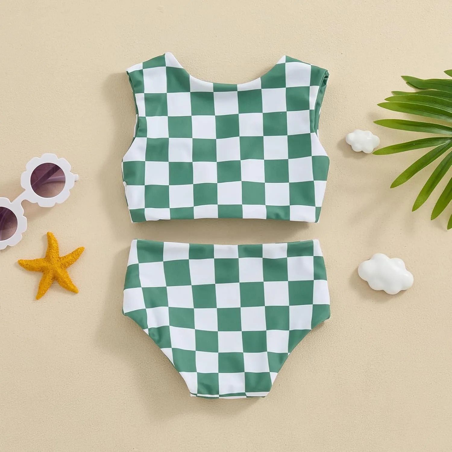 Toddler Baby Girl Two Piece Swimsuit Checkered Print Knotted Swim Top and Bottom Tankini Bikini Set Kid Bathing Suit