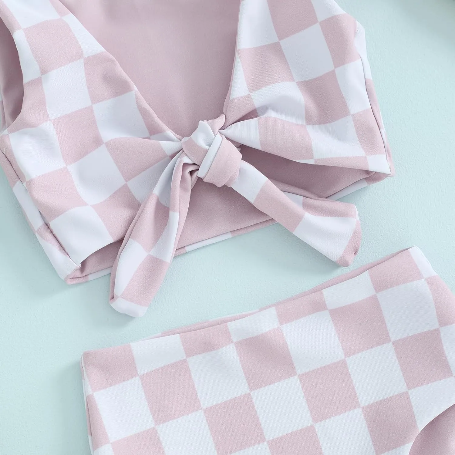 Toddler Baby Girl Two Piece Swimsuit Checkered Print Knotted Swim Top and Bottom Tankini Bikini Set Kid Bathing Suit