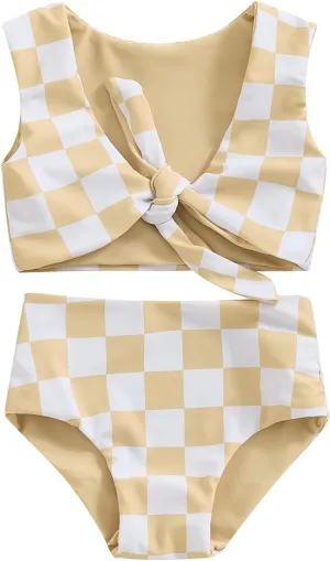 Toddler Baby Girl Two Piece Swimsuit Checkered Print Knotted Swim Top and Bottom Tankini Bikini Set Kid Bathing Suit