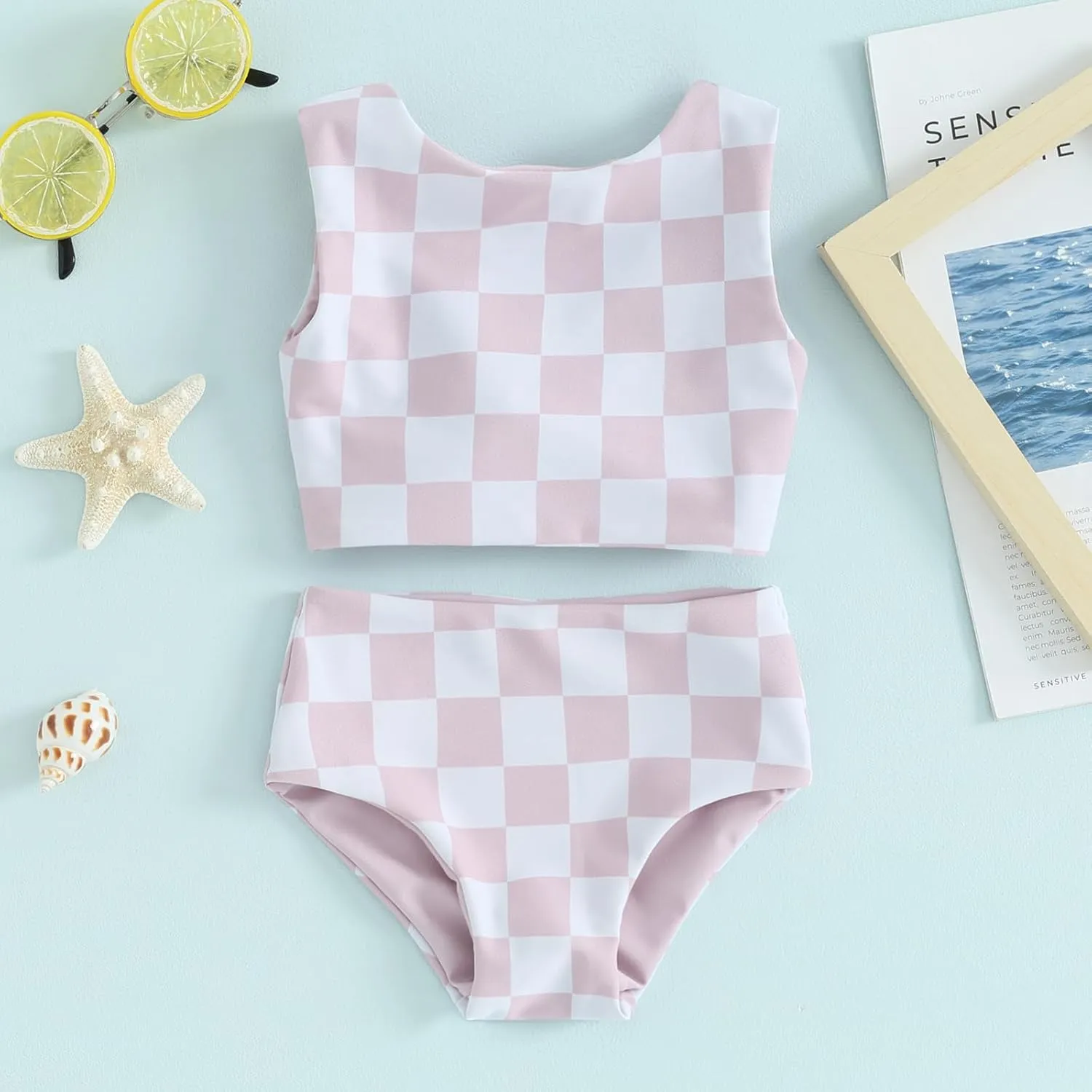 Toddler Baby Girl Two Piece Swimsuit Checkered Print Knotted Swim Top and Bottom Tankini Bikini Set Kid Bathing Suit