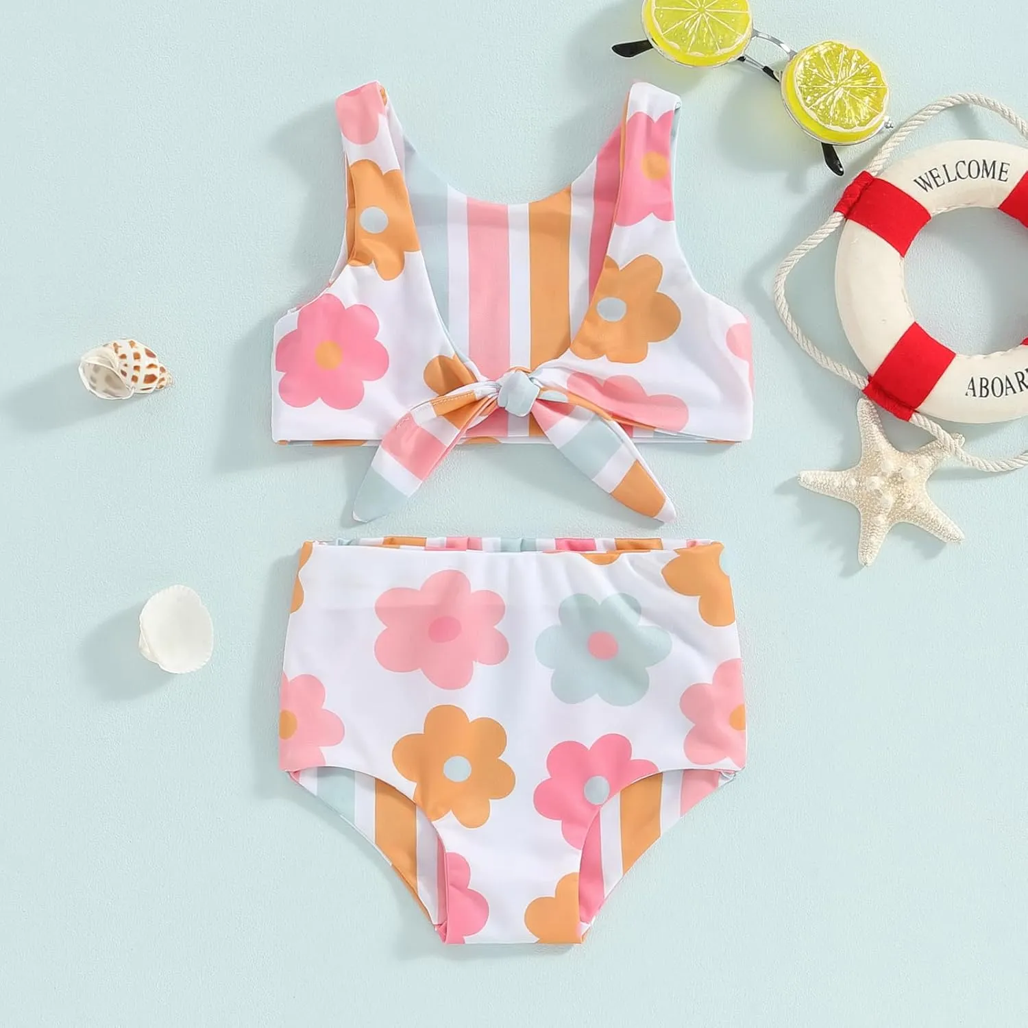 Toddler Baby Girl Two Piece Swimsuit Checkered Print Knotted Swim Top and Bottom Tankini Bikini Set Kid Bathing Suit