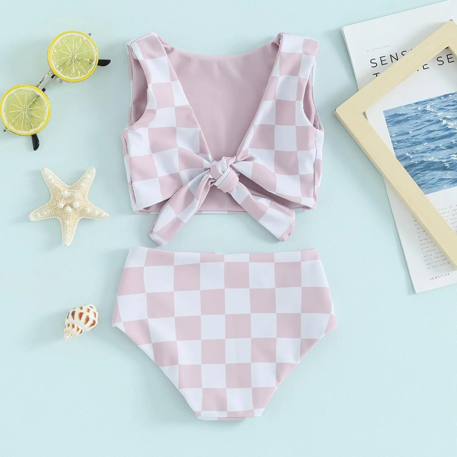 Toddler Baby Girl Two Piece Swimsuit Checkered Print Knotted Swim Top and Bottom Tankini Bikini Set Kid Bathing Suit