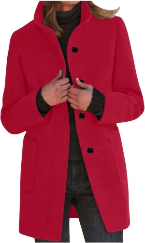 Trench Coat for Women Wool Blend Casual Coat Single Breasted Stand Collar Slim Fit Dressy Jackets with Pockets