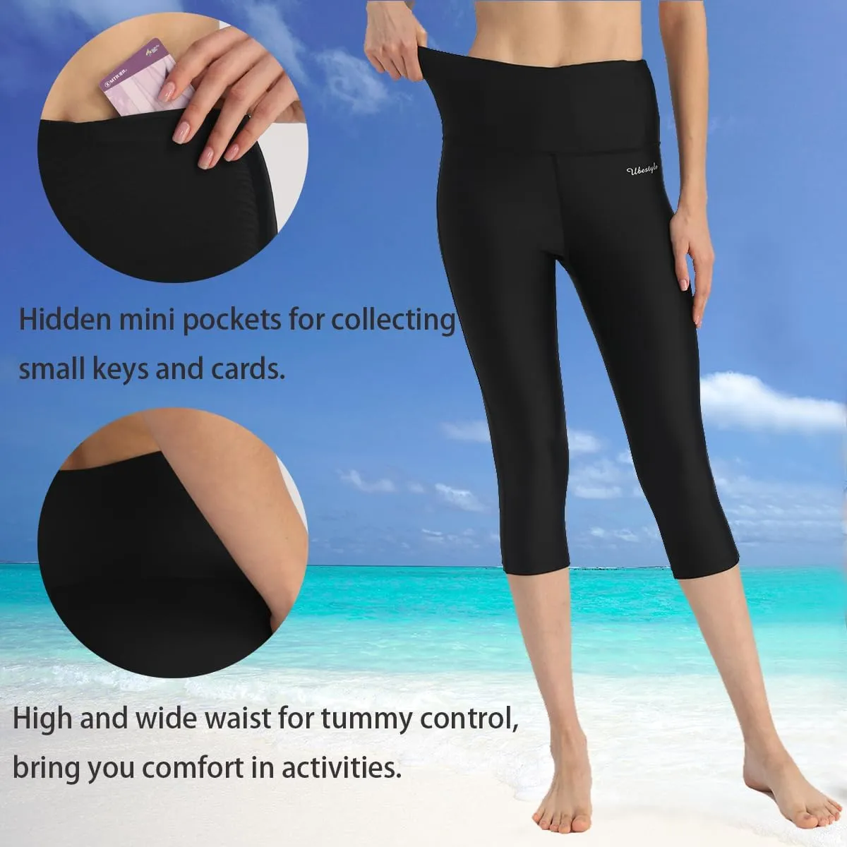 Ubestyle UPF 50  High Waist Swim Leggings for Women Swim Capris Swim Pant Swim Tights Beach Pants Sun Protective