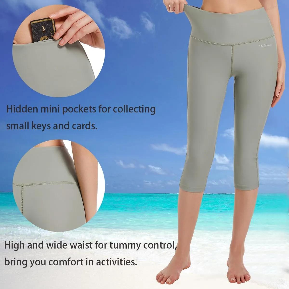 Ubestyle UPF 50  High Waist Swim Leggings for Women Swim Capris Swim Pant Swim Tights Beach Pants Sun Protective