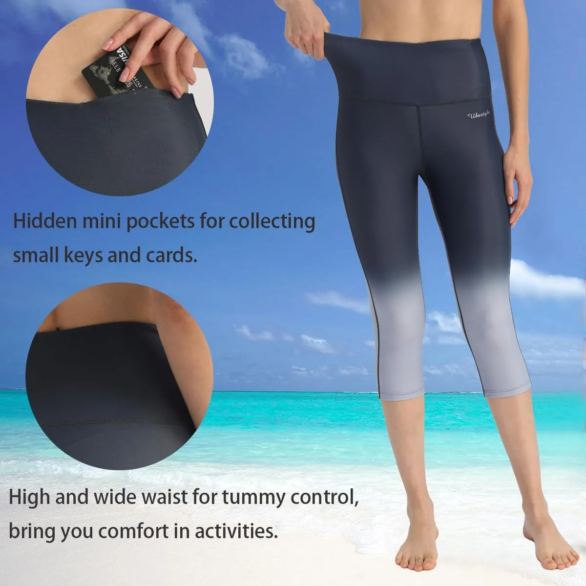 Ubestyle UPF 50  High Waist Swim Leggings for Women Swim Capris Swim Pant Swim Tights Beach Pants Sun Protective